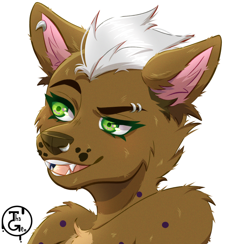 A female hyena with green eyes, piercings, and silver hair.