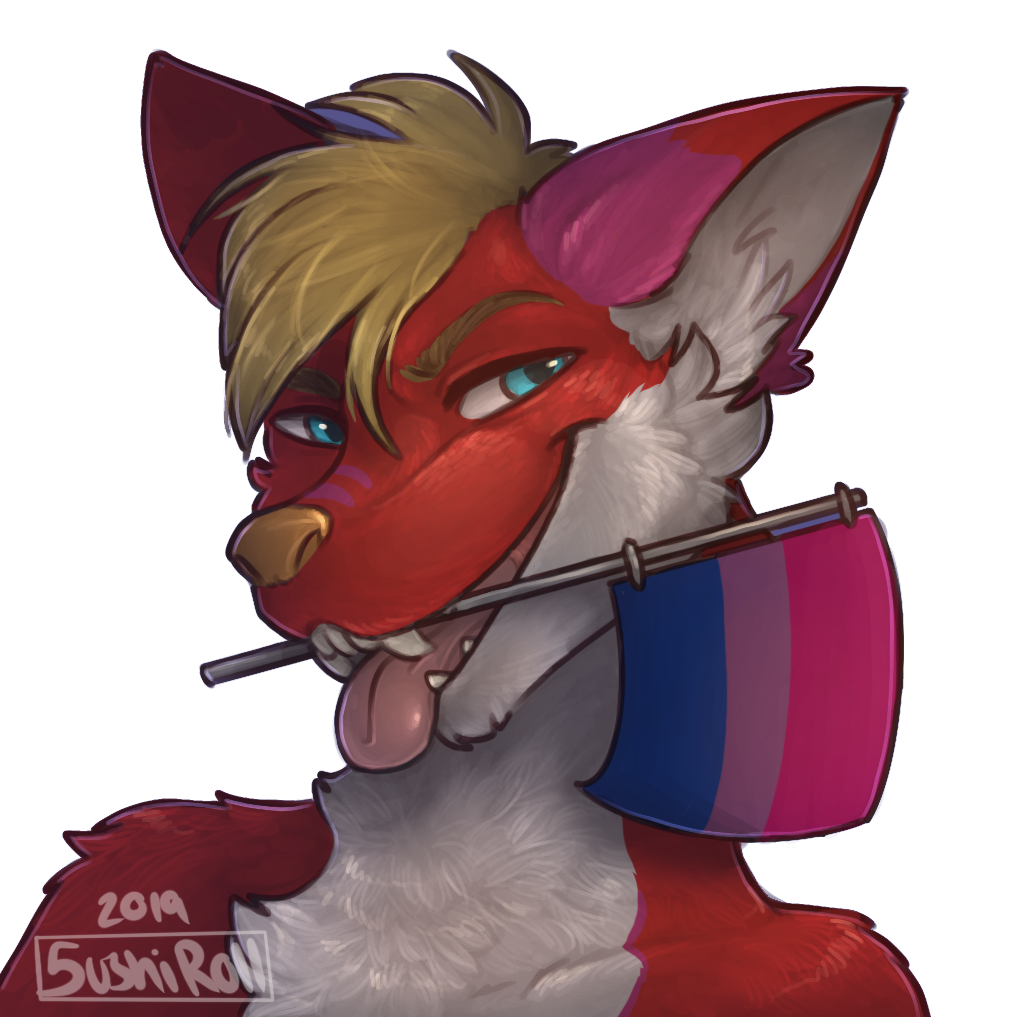 A profile icon of Vigal -an anthropomorphic red fox- with a Bisexual flag in their mouth.